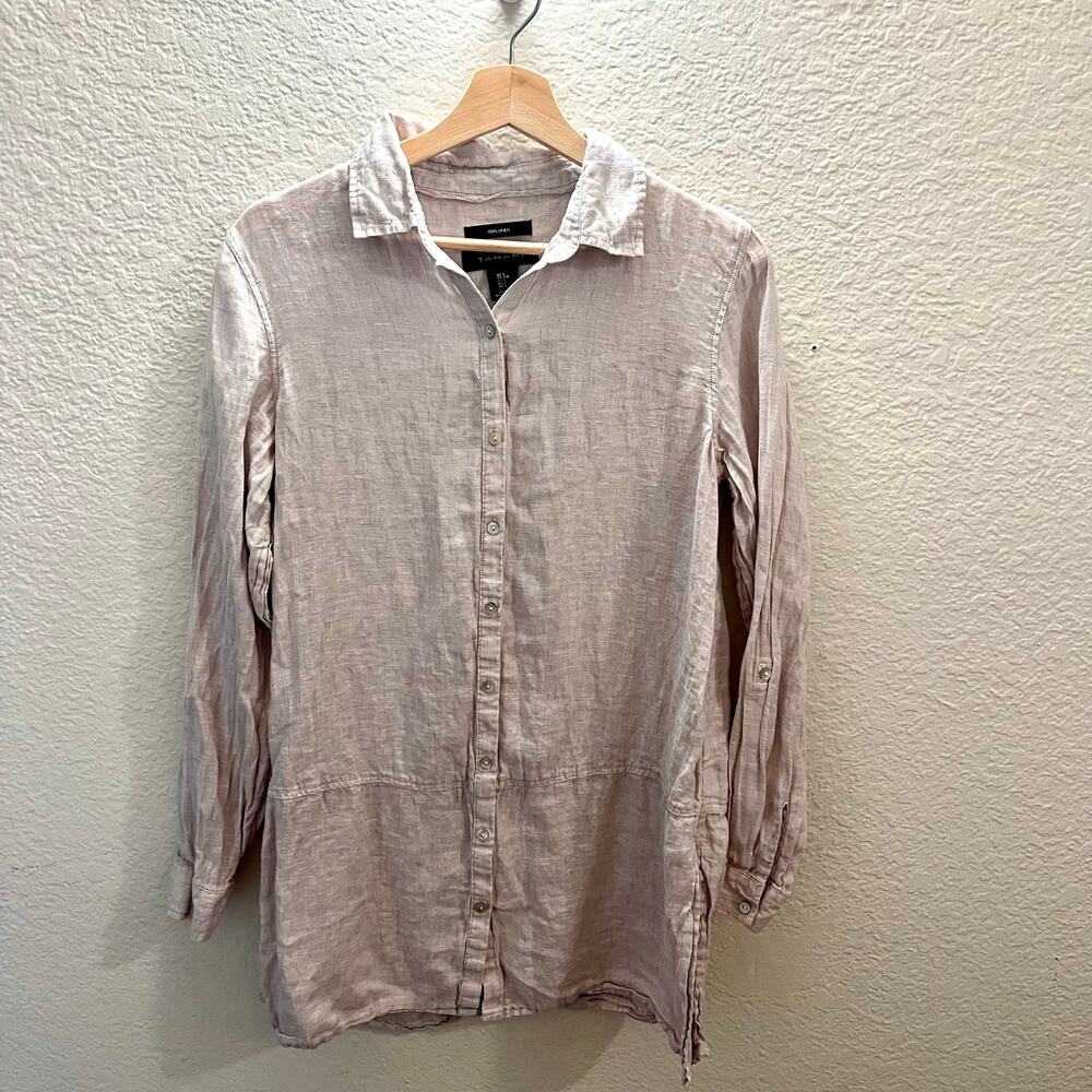 Tahari 100% Linen Button Front Shirt Tunic Taupe Minimalist Summer Top S Neutral - Picture 5 of 8